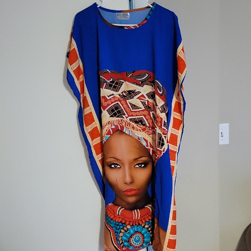 Vibrant Blue and Orange Kaftan Dress